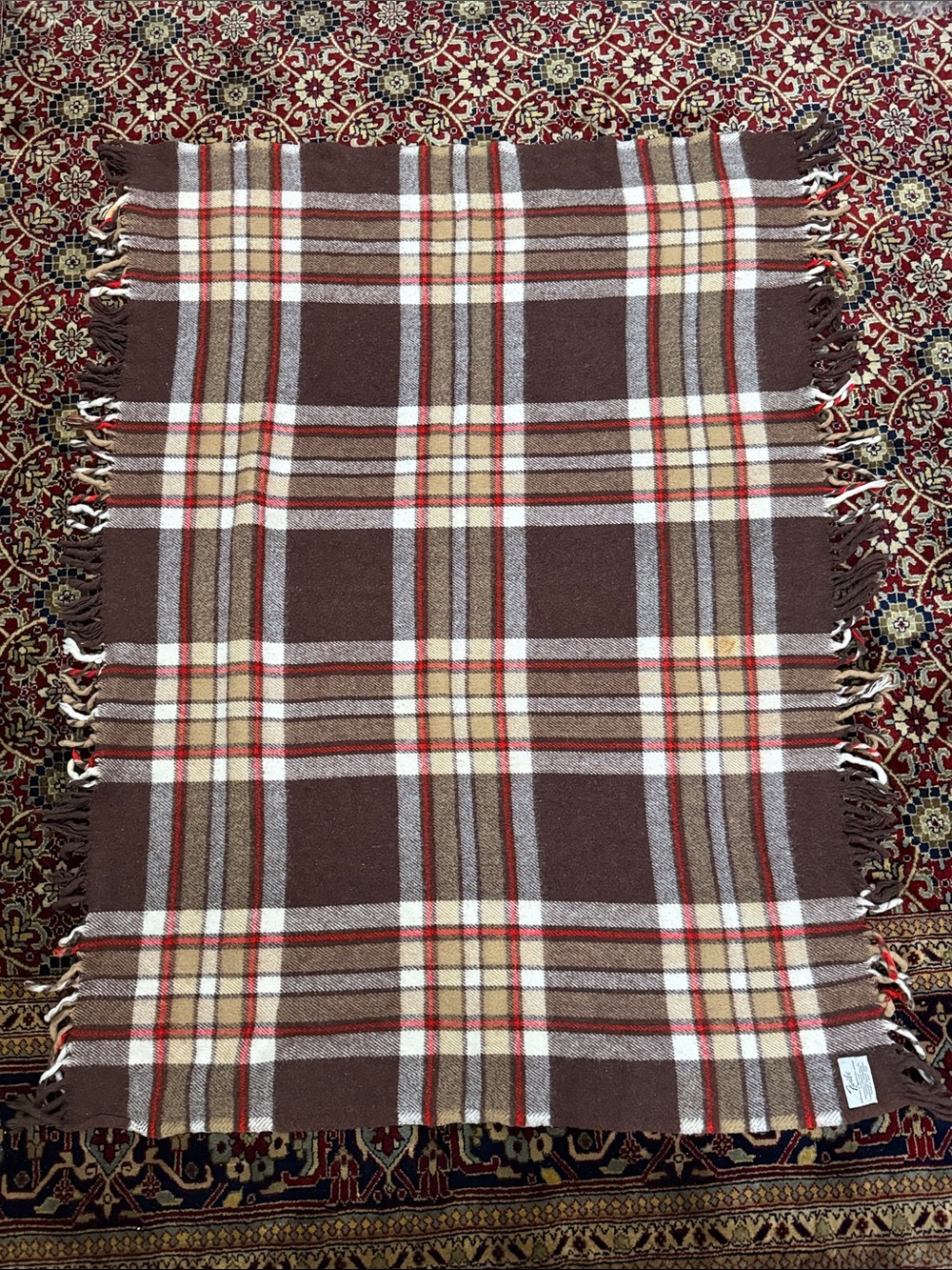 Faribault Plaid Wool Throw with Red and Cream Accents